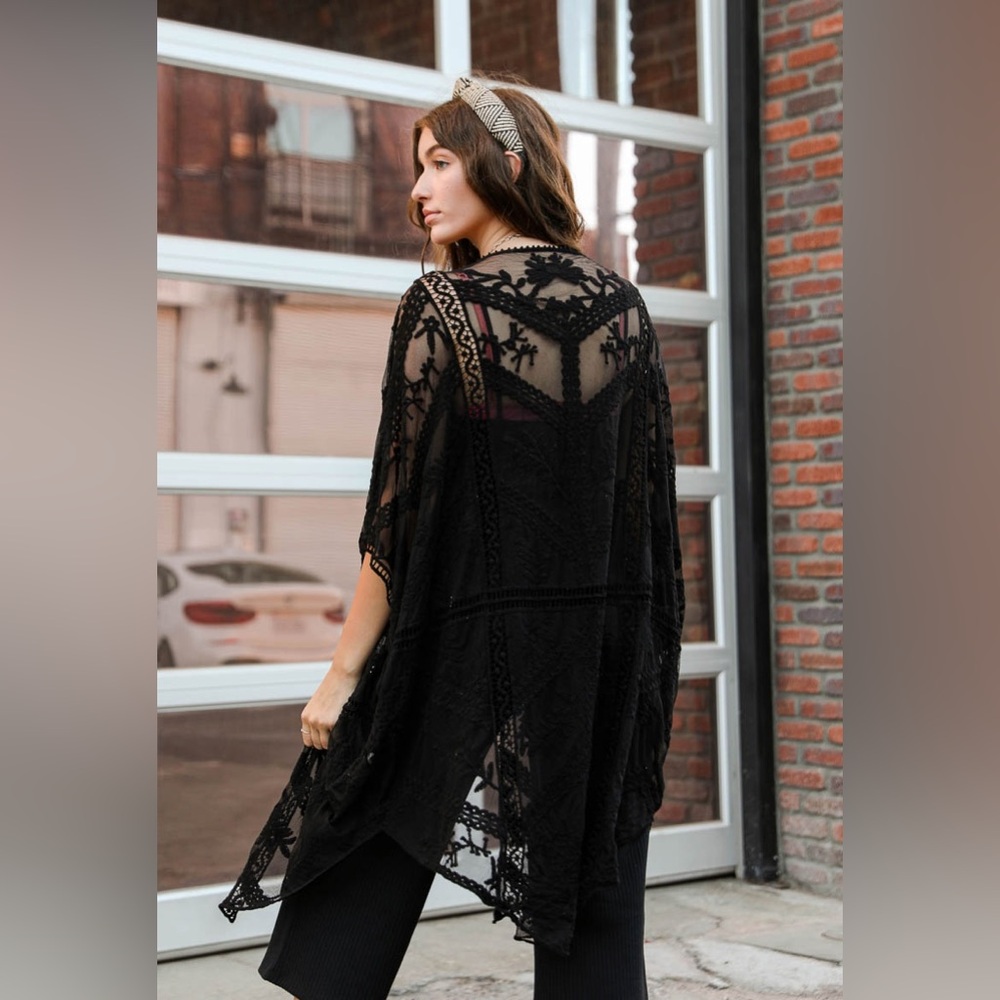 New Fall Boho Western Mesh Lace Leaf 3/4 Sleeve Kimono Black Cover-up Tunic